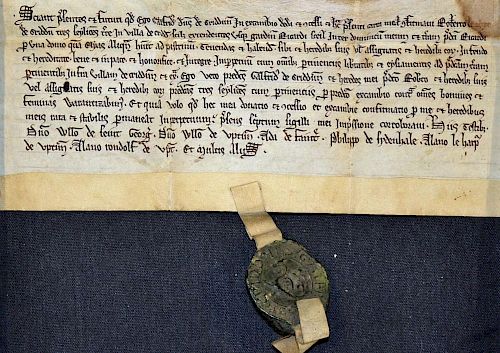 Shropshire c1240 Deed of Gift in relation to Criddon, Bridgnorth, with an intact black seal inscribe