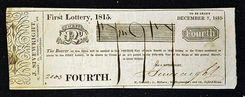 Monetary State Lottery Ticket 1815 a Fourth part of the chance issued by Lottery Agent named "Sivewr
