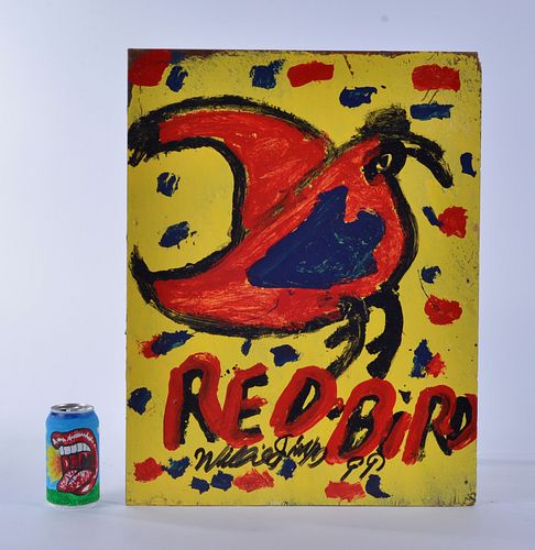 Willie Jinks painting on wood (red bird)