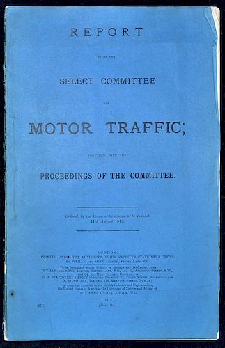 Motor Traffic Report 1913 relating to Traffic Safety in London and the increasing number of fatal ac