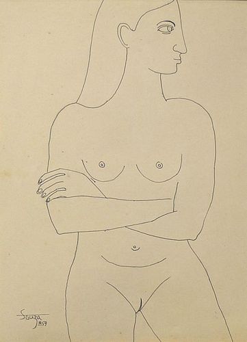 Indian Original Artwork Francis Newton Souza (April 12, 1924 - March 28, 2002), figure of a nude sho