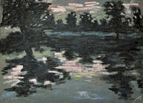Indian Original Artwork Syed Haider Raza (born 22 February 1922) chalk study of trees in a dark land