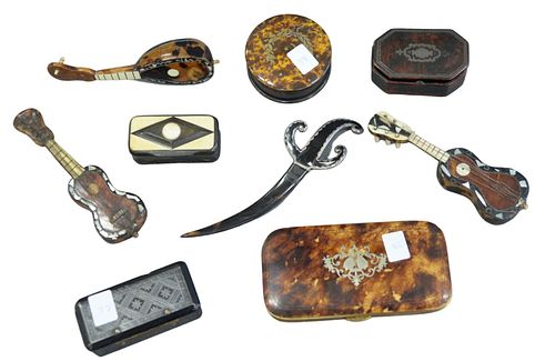 Tray Lot of Trinkets, to include tortoise shell veneered instruments, papier mache box, horn box and silver overlay opener.