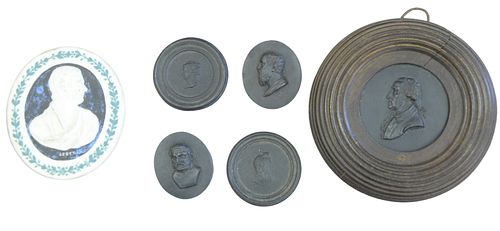 Group of Five Basalt Plaques, along with a plaque titled “Scott”, largest diameter 2 ½ inches. 