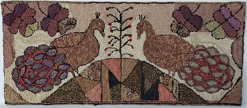 Folk Art Hooked Rug with Two Peacocks, 19th Century