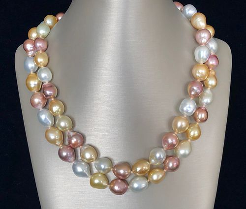 Fine South Sea Pearl and Pink Freshwater Baroque Pearl Necklace, 14k Yellow Gold Clasp