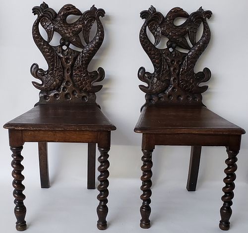 Pair of French Carved Oak Hall Chairs, 19th Century