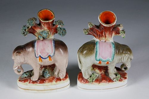 Pair of Staffordshire Elephant Spill Vases, mid 19th Century