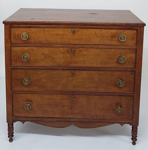 American Sheraton Cherry and Birch Four Drawer Chest of Drawers, 19th Century
