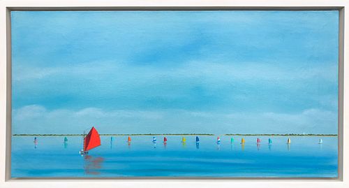 Robert Stark Jr. Oil on Canvas "Rainbow Fleet Sailing in Nantucket Harbor"