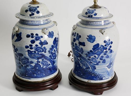 Pair of Chinese Blue and White Porcelain Temple Covered Jars, 20th Century