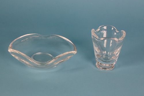 Signed Steuben Clear Crystal Ashtray and Toothpick Holder