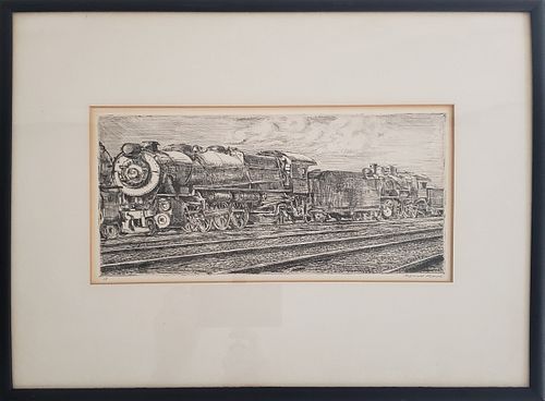 Reginald Marsh Engraving "Locomotive Waiting to be Junked"