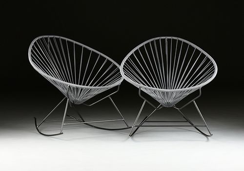 A PAIR OF CONTEMPORARY "ACAPULCO EGG" PLASTIC CORD AND STEEL ROD ROCKING CHAIRS, 