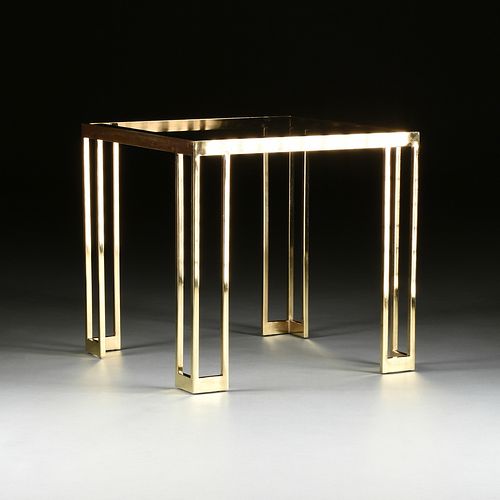 A VINTAGE MODERN GLASS TOPPED AND BRASSED METAL SIDE TABLE, 1960s,