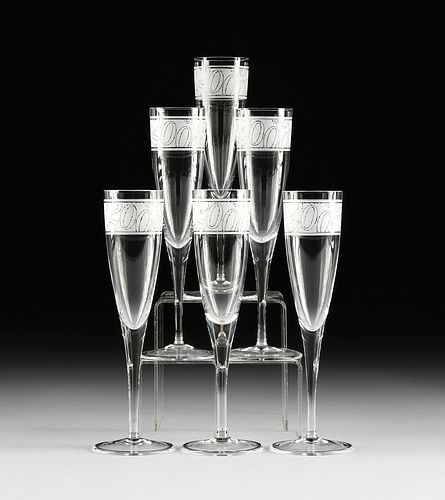 A SET OF SIX TIFFANY & CO. CRYSTAL "MILLENNIUM" CHAMPAGNE FLUTES, SIGNED, LATE 1990s,