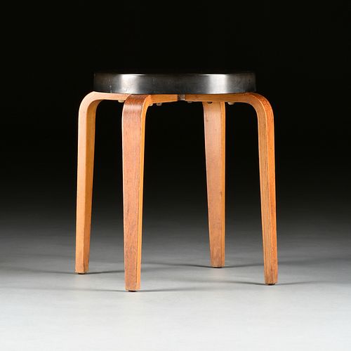 A THONET MID-CENTURY BLACK PLASTIC TOPPED AND BLOND WOOD STOOL, MARKED, 1960s, 