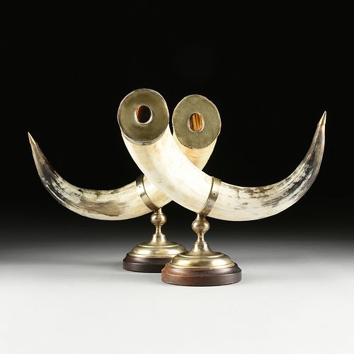 A PAIR OF BULL HORNS MOUNTED WITH TIGER'S EYE ON SILVERED BRASS STANDS, EARLY/MID 20TH CENTURY,