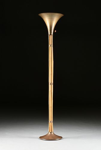 A RUSSEL WRIGHT SPUN BRASS AND BAMBOO TORCHIERE FLOOR LAMP, STAMPED, 1940s-1950s,