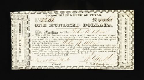 A REPUBLIC OF TEXAS $100 CONSOLIDATED FUND OF TEXAS CERTIFICATE, ISSUED TO JOHN KIRBY ALLEN, FOUNDER OF HOUSTON, SEPTEMBER 1, 1837,