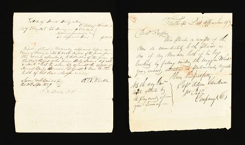 TWO REPUBLIC OF TEXAS MANUSCRIPTS, DR. RICHARD R. PEEBLES, EMERGENCY AND ESTATE CORRESPONDENCE, JUNE 15, 1837 AND SEPTEMBER 20, 1839,