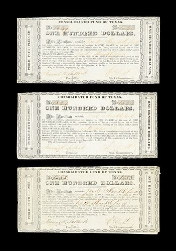 THREE REPUBLIC OF TEXAS $100 CONSOLIDATED FUND OF TEXAS CERTIFICATES, ISSUED TO JACK SHACKELFORD, SIGNED BY FRANCIS R. LUBBOCK AND WILLIAM G. COOKE, H