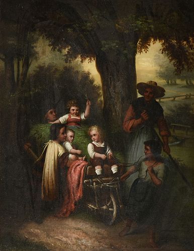 GERMAN SCHOOL, A PAINTING, "Family of Dwarfs with Wagon in Landscape," LATE 19TH CENTURY,