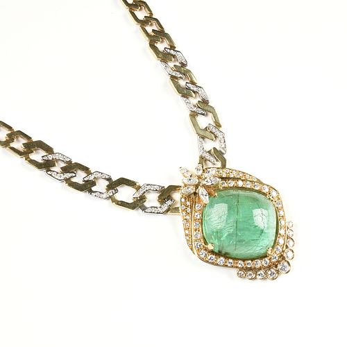 AN 18K YELLOW AND WHITE GOLD BRAZILIAN CABOCHON EMERALD AND DIAMOND LADY'S NECKLACE,