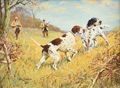 FRANK HOFFMAN (American 1888-1958) A PAINTING, "Fall Outing - Dogs on Point," 