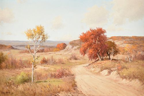 PORFIRIO SALINAS (Mexican American/Texas 1910-1973) A PAINTING, "Country Road in Autumn," 1957,