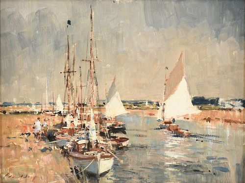 EDWARD SEAGO (British 1910-1974) A PAINTING, "Yachts on the River Ant," NORFOLK, 