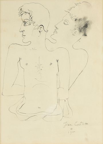 JEAN COCTEAU (French 1889-1963) A DRAWING, "Cocteau and Marais," 1947,
