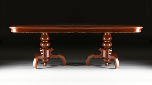 A FEDERAL STYLE BURLED WALNUT TWO PEDESTAL DINING TABLE, 20TH CENTURY, 