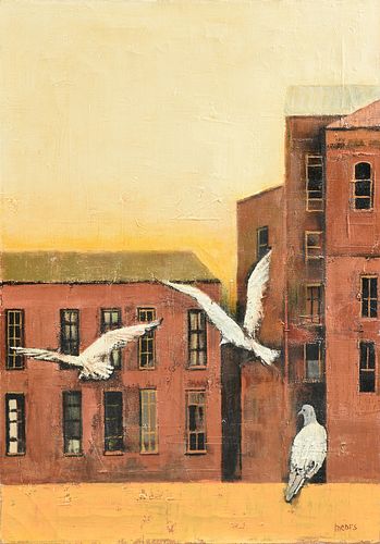 HERBERT RICHARD MEARS (American/Texas 1923-1999) A PAINTING, "Pigeons by Rooftops," 