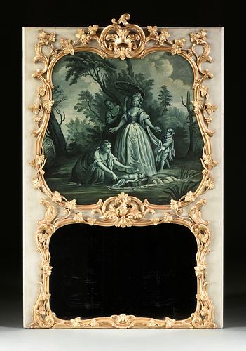 A LOUIS XV STYLE PARCEL GILT AND PAINTED TRUMEAU MIRROR, LATE 19TH CENTURY,