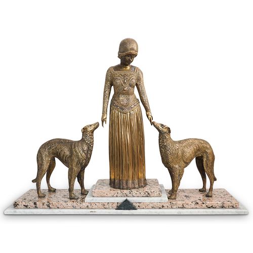 Art Deco Style Lady With Dogs Bronze