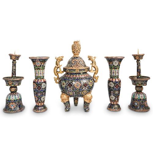 (5 Pc) Qianlong Chinese Cloisonne Altar Set