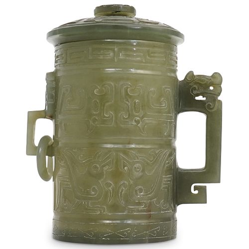 Chinese Archaic Style Carved Jade Lidded Cup
