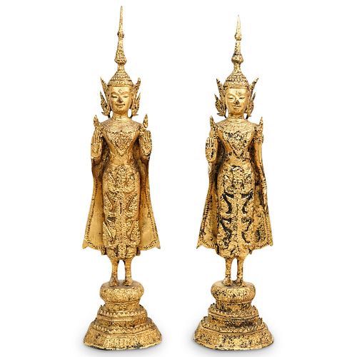 Pair of Gilt Metal Thai Buddha Statues
