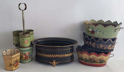 Seven Antique and Vintage French Tole Paint Decorated Planters and Bottle Caddie