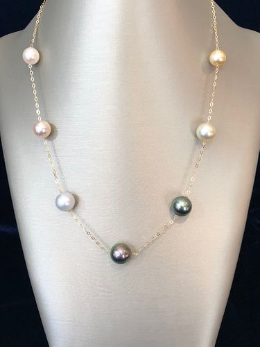 18k Gold South Sea White, Gold and Tahitian Grey Pearl Tin Cup Necklace