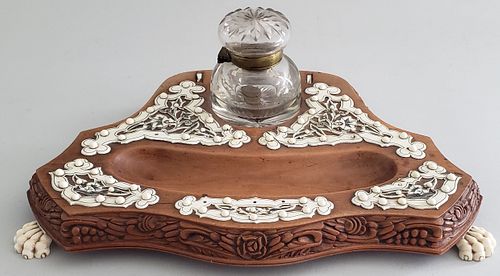 Carved Fruitwood Inkwell Work Stand, 19th Century