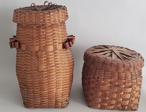 Two Antique American Splint Woven Lidded Baskets