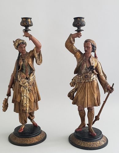 Two 19th Century Balkan Polychromed Figural Candlesticks