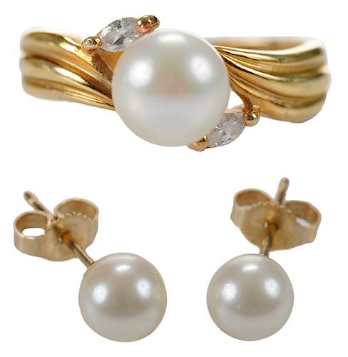 18 Karat Gold Pearl Ring and Earrings