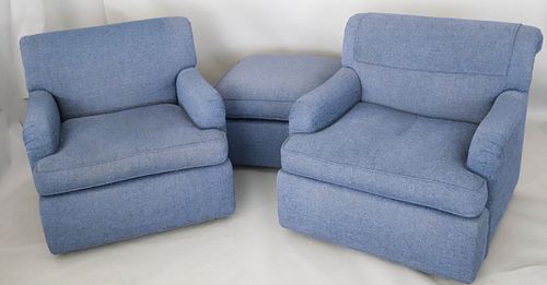 Pair of Blue Upholstered Armchairs & Hassack