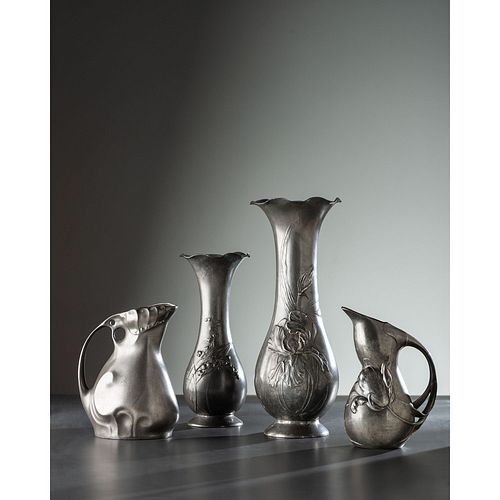 Kayserzinn, Two Jugendstil Vases and Two Pitchers