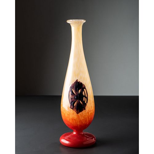 Charles Schneider, Rare Art Deco Vase with Applied and Wheel Carved Medallion