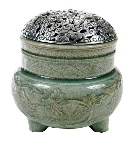 Chinese Longquan Celadon Censer with Silver Cover