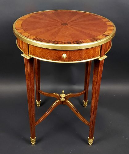 French Gilt Bronze Mounted Kingwood Rosewood & Parquetry Round Table Louis XVI Style, Circa 1890 Att: F. Linke